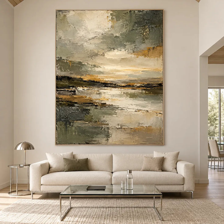 Olive Gray Hand-Painted Oil Painting, Abstract Shoreline and Pale Reflection #W805EAVM