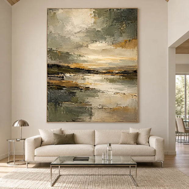 Olive Gray Hand-Painted Oil Painting, Abstract Shoreline and Pale Reflection #W805EAVM
