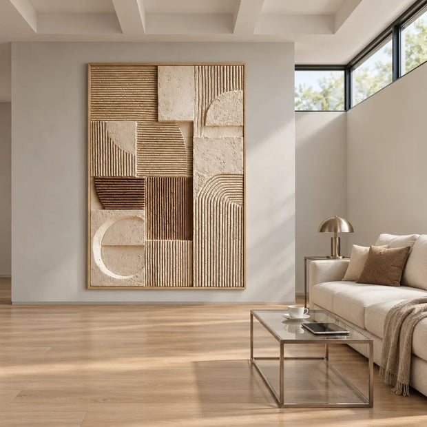 Beige and Brown Hand-Painted 3D Textured Oil Painting, Geometric Groove Abstract #VCDV5N13