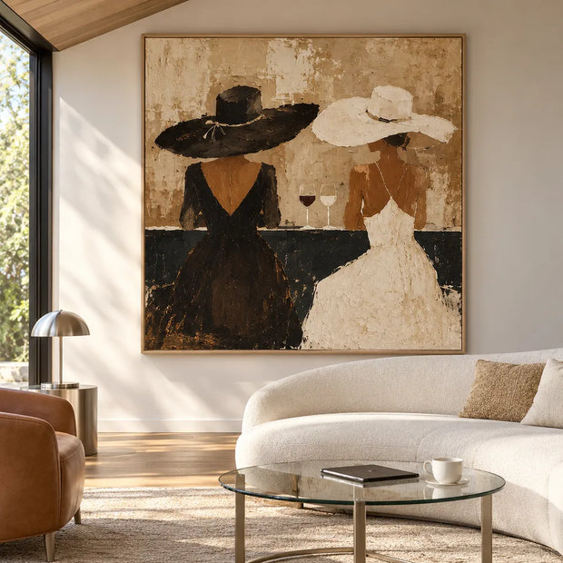 Beige Black Hand-Painted Oil Painting, Two Women in Black and Ivory Dresses #RDT3ONMB