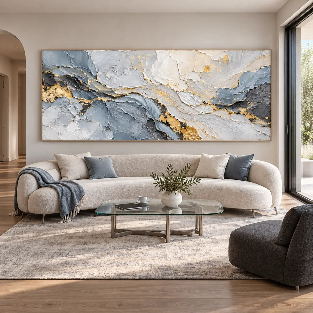 Gray Hand-Painted 3D Textured Oil Painting, Pale Layers with Gold Tones #LRQBCA6S