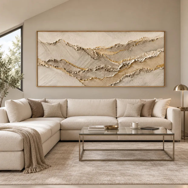 Beige and Cream Hand-Painted 3D Textured Oil Painting, Layered Ridge Abstract #29RBMCVS