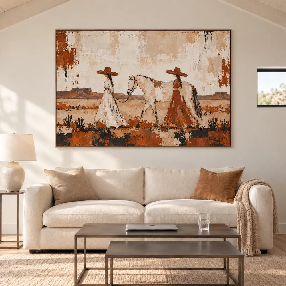 Cream & Rust Hand-Painted Oil Painting, Two Women Walking with a Horse #AROTNDU1
