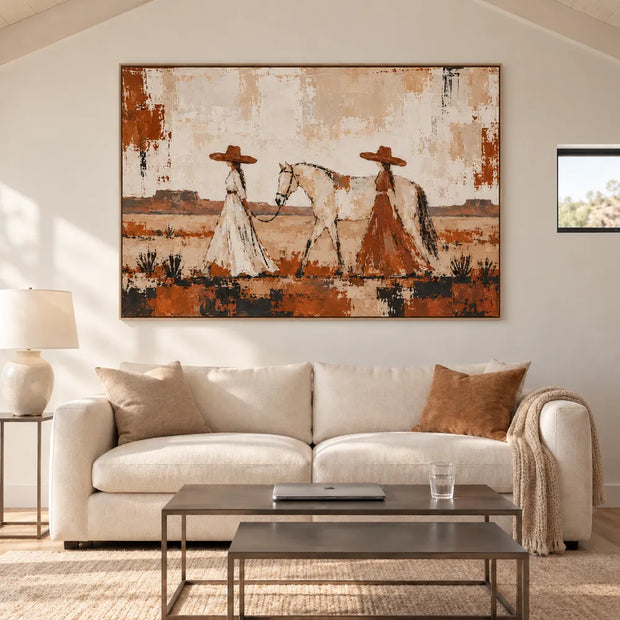 Cream & Rust Hand-Painted Oil Painting, Two Women Walking with a Horse #AROTNDU1