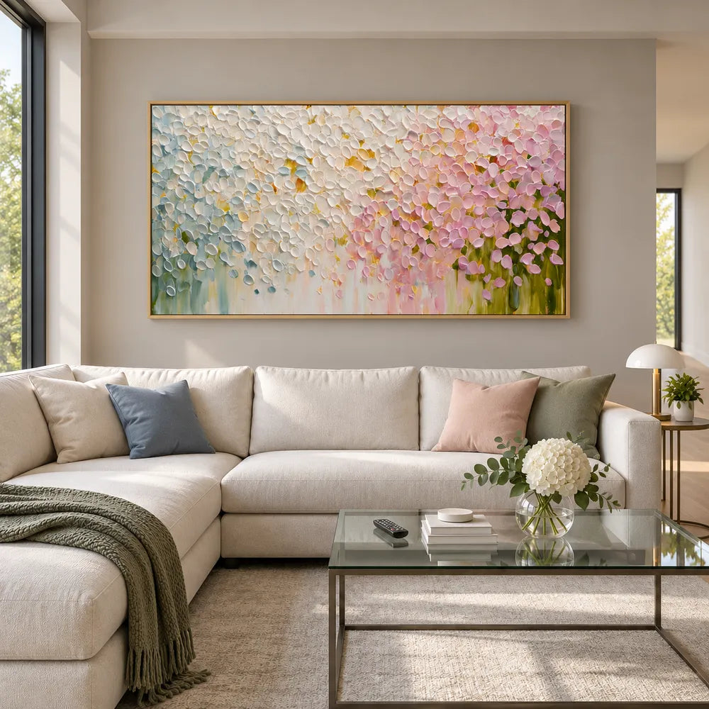 Cream and Pink Hand-Painted Oil Painting, Cascading Floral Petals #AN8LZER5