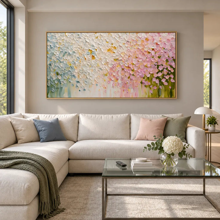 Cream and Pink Hand-Painted Oil Painting, Cascading Floral Petals #AN8LZER5