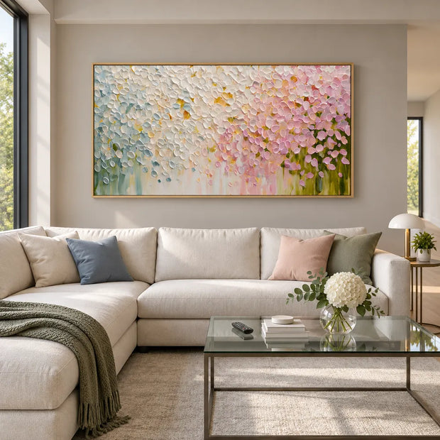 Cream and Pink Hand-Painted Oil Painting, Cascading Floral Petals #AN8LZER5