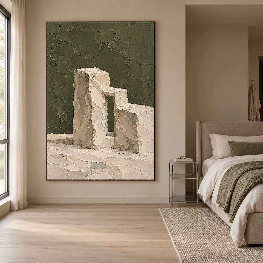Olive Green Hand-Painted Painting, Cream Stepped Architecture #0MCLXG8H