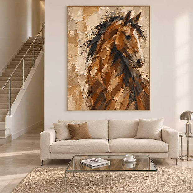Chestnut Brown Hand-Painted Oil Painting, Expressive Horse Portrait #X4ZDTYL9