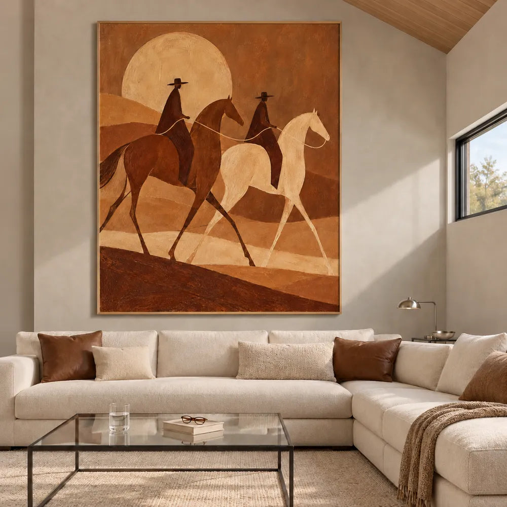 Brown Hand-Painted Oil Painting, Two Riders Beneath a Golden Sun #M7HL0PQE