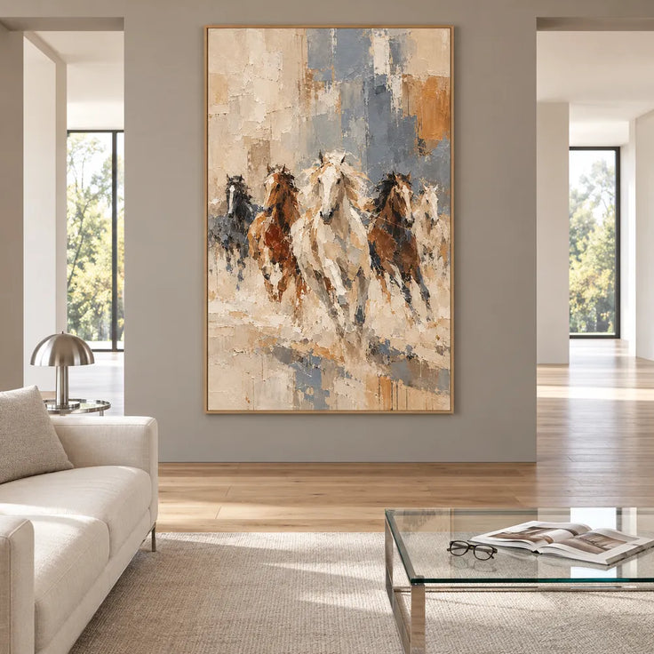 Cream and Slate Blue Hand-Painted Oil Painting, Five Running Horses #63S5E3ZM
