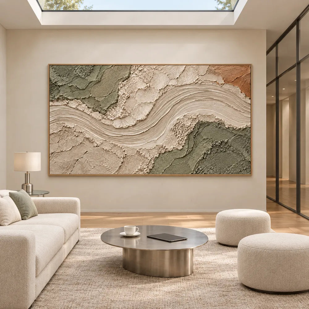 Beige & Sage Hand-Painted 3D Textured Oil Painting, Curved Ribbon Abstract Wall Art #6BLZCD7P