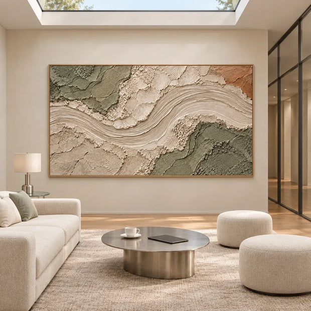 Beige & Sage Hand-Painted 3D Textured Oil Painting, Curved Ribbon Abstract Wall Art #6BLZCD7P