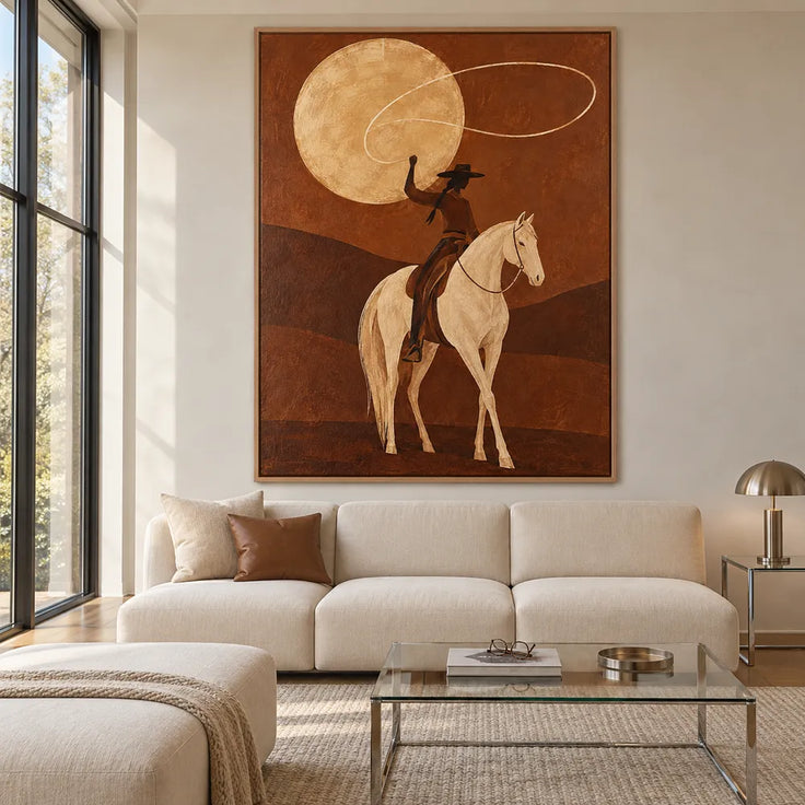Brown Hand-Painted Oil Painting, Lasso Rider on a Cream Horse #6FDNCBOV