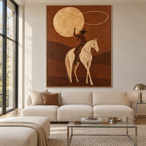 Brown Hand-Painted Oil Painting, Lasso Rider on a Cream Horse #6FDNCBOV
