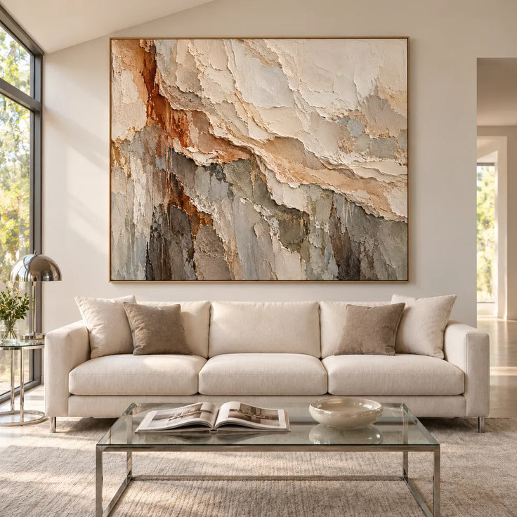 Cream and Gray Hand-Painted 3D Textured Oil Painting, Diagonal Abstract Escarpment #46H337UB