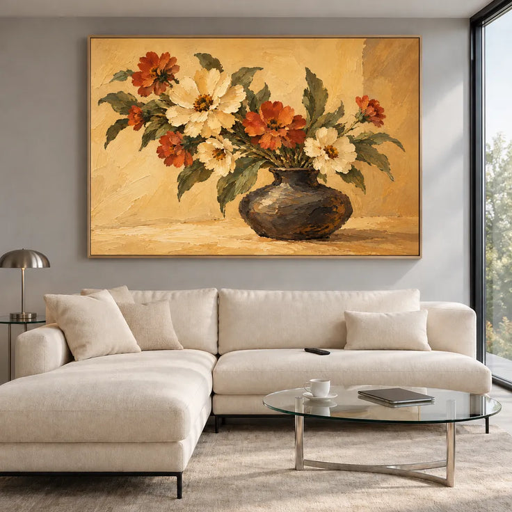 Yellow Hand-Painted Oil Painting, Cream and Orange Floral Bouquet #8FD36JJN