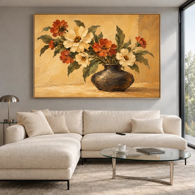 Yellow Hand-Painted Oil Painting, Cream and Orange Floral Bouquet #8FD36JJN