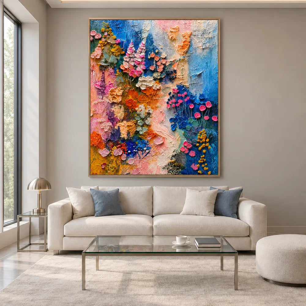 Blue and Pink Hand-Painted Oil Painting, Expressive Floral Abstract #SPCZIUW7