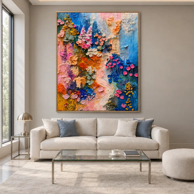 Blue and Pink Hand-Painted Oil Painting, Expressive Floral Abstract #SPCZIUW7