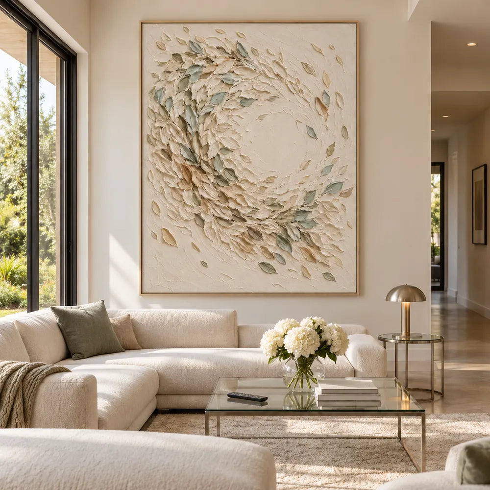 Cream Hand-Painted 3D Textured Oil Painting, Sage Leaf Swirl Wall Art #2JPRKE6N