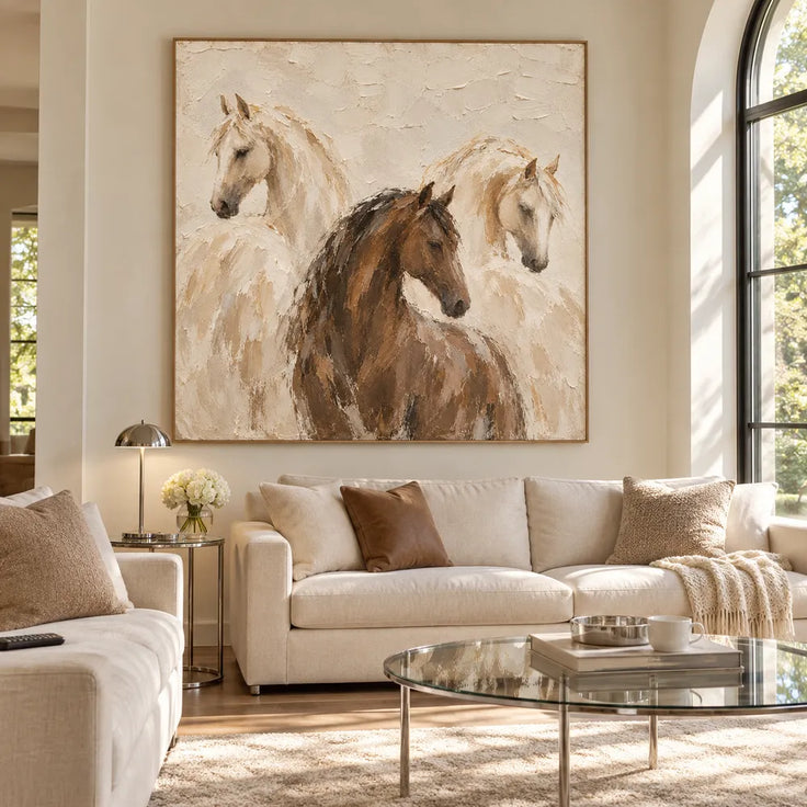 Cream and Brown Hand-Painted Oil Painting, Three Horses #FLZV73BL