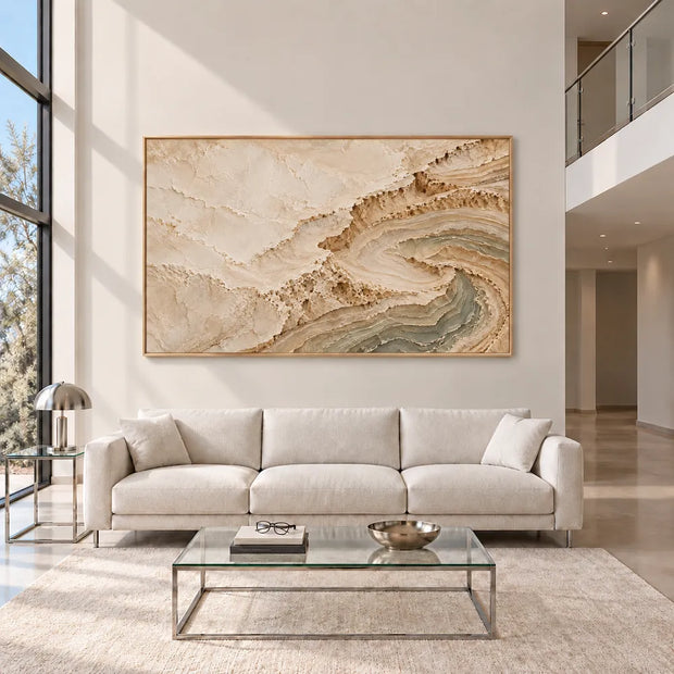 Cream and Sage Hand-Painted 3D Textured Oil Painting, Curling Contour Relief #C9QZSV3G