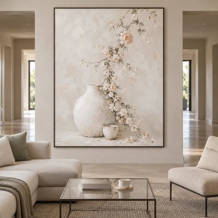 Ivory Hand-Painted Oil Painting, Trailing Blossoms and Pale Vessels #5LFVTUHO