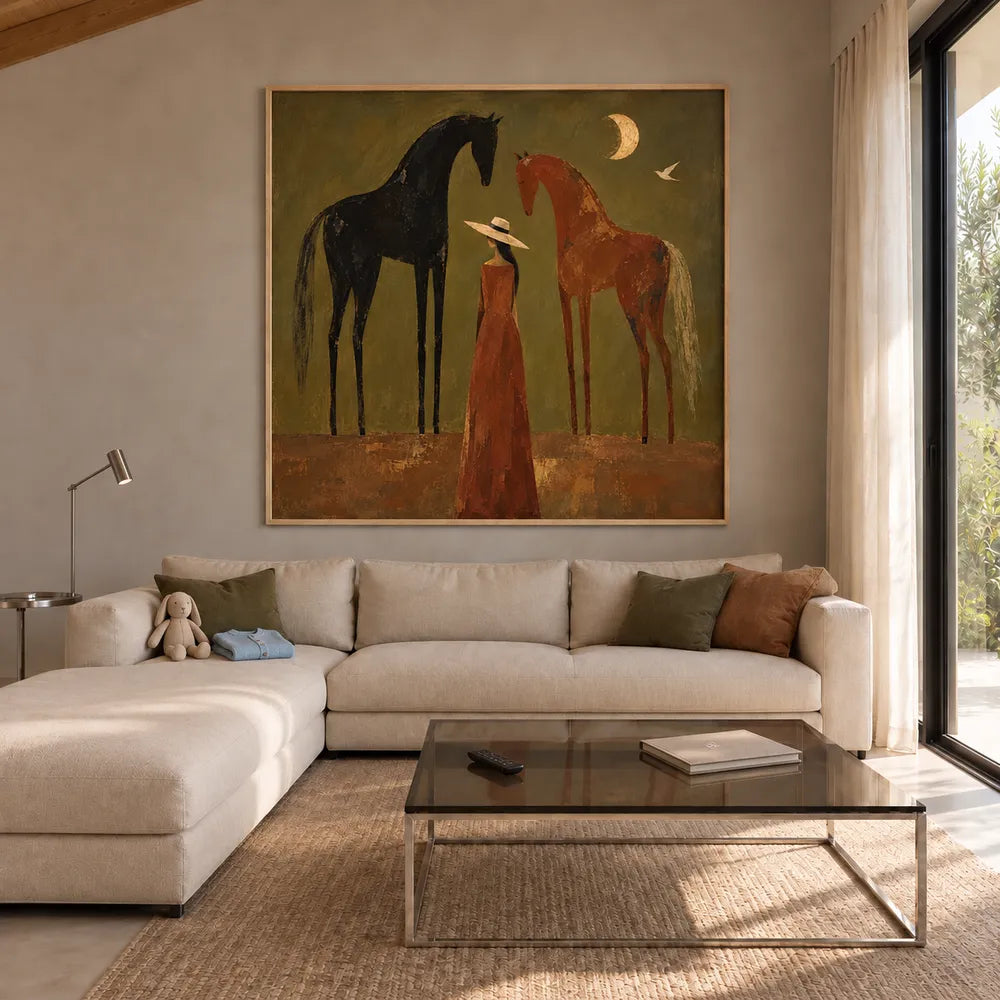 Olive & Rust Hand-Painted Oil Painting, Woman and Horses with Crescent Moon #HO11S3B9