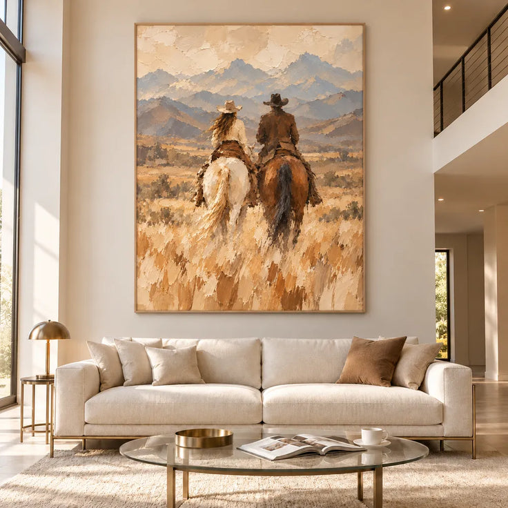 Sand and Blue Gray Hand-Painted Oil Painting, Riders Facing the Mountains #3TULKAQH