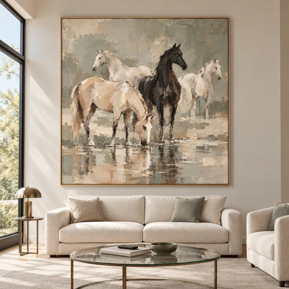 Hand-Painted Oil Painting, Four Horses at the Water in Soft Earth Tones #VUCHU1Y7