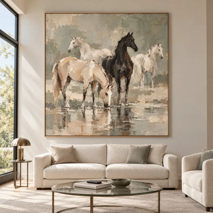Hand-Painted Oil Painting, Four Horses at the Water in Soft Earth Tones #VUCHU1Y7