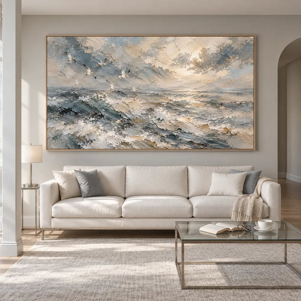 Blue-Gray Hand-Painted Oil Painting, Breaking Waves and Open Sky #KJ75TCEM
