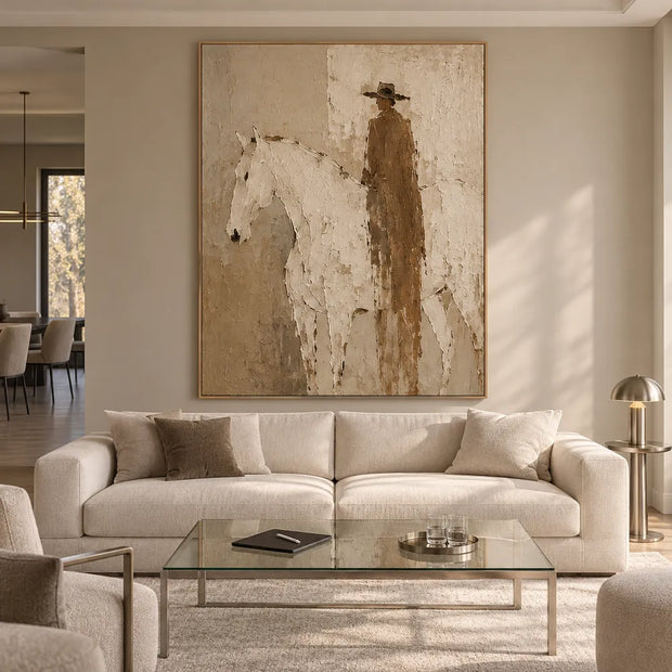 Beige and Cream Hand-Painted Oil Painting, White Horse and Brown-Clad Rider #1YZD0V5I