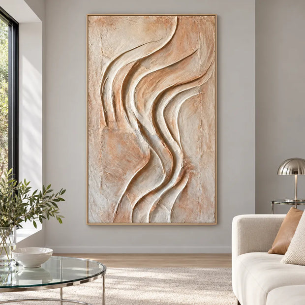 Peach Cream Hand-Painted 3D Textured Oil Painting, Sinuous Ridges Wall Art #TFAXNVHH