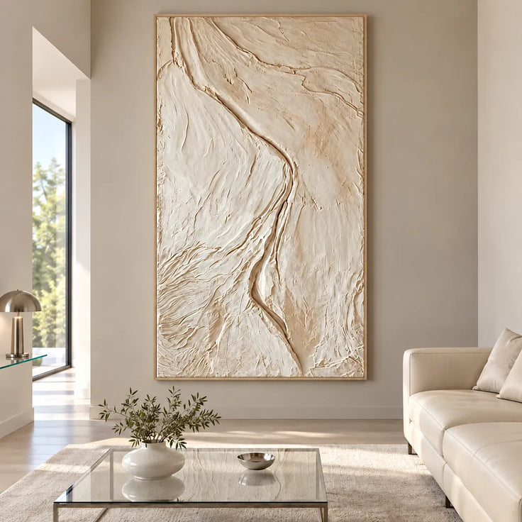 Ivory Hand-Painted 3D Textured Oil Painting, Winding Channel Wall Art #FFC33IEH