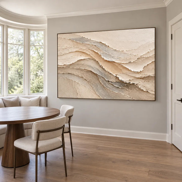 Cream & Beige Hand-Painted 3D Textured Oil Painting, Flowing Neutral Abstract Wall Art #75VVTF8C