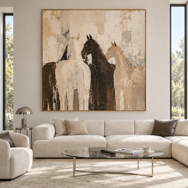 Cream and Brown Hand-Painted Oil Painting, Four Overlapping Horses #8B5N34SV
