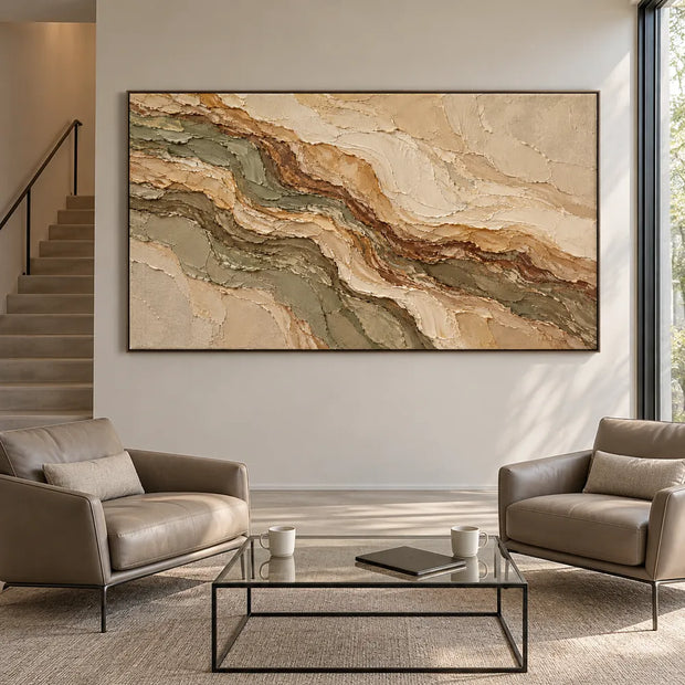 Earth-Tone Hand-Painted 3D Textured Oil Painting, Olive and Brown Strata #CZ83GDFB
