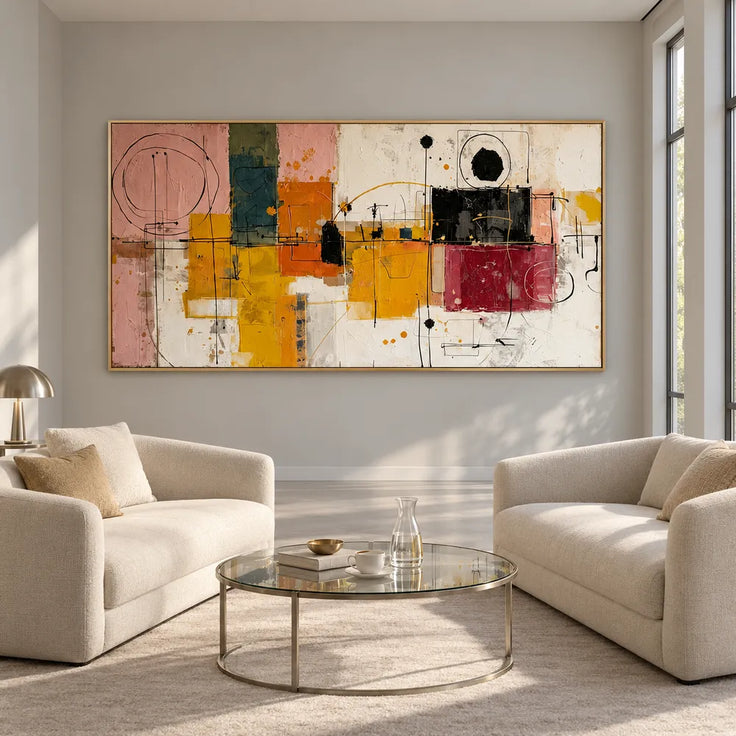 Mustard and Burgundy Hand-Painted Oil Painting, Geometric Abstract #LV534W2B