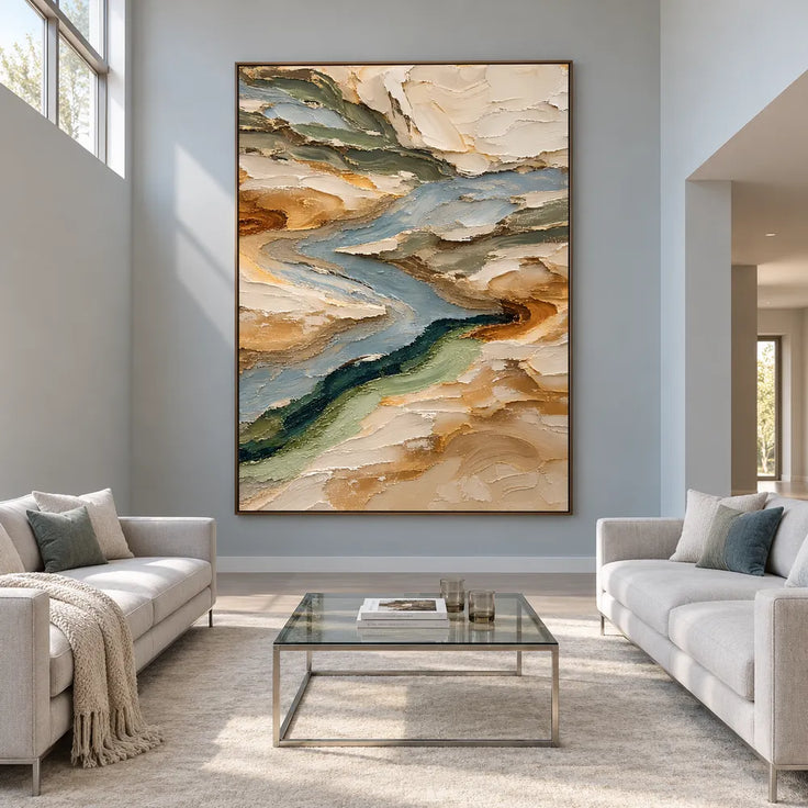 Earth-Tone Hand-Painted 3D Textured Oil Painting, Winding Blue-Gray Flow #KHMVTZFC