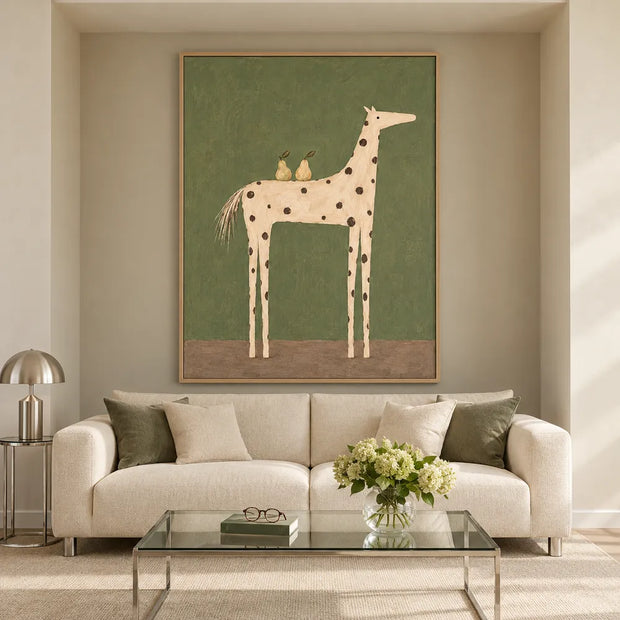 Olive Green Hand-Painted Oil Painting, Spotted Horse Carrying Two Pears #IIUZU07G