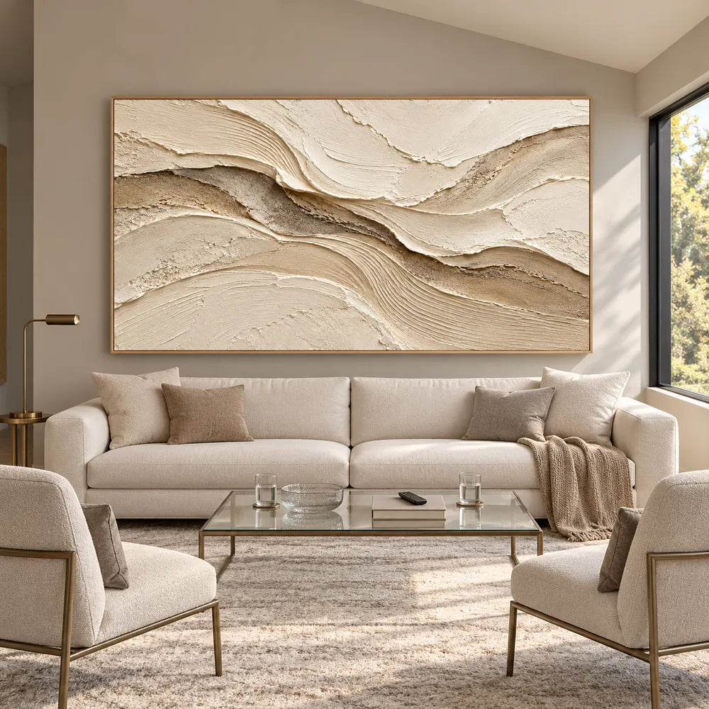 Beige Hand-Painted 3D Textured Oil Painting, Sweeping Layered Wave Abstract #6YZ3XFNK
