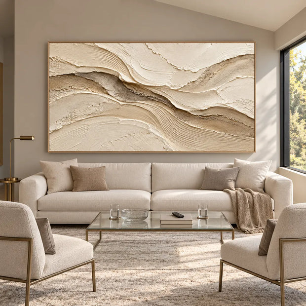 Beige Hand-Painted 3D Textured Oil Painting, Sweeping Layered Wave Abstract #6YZ3XFNK