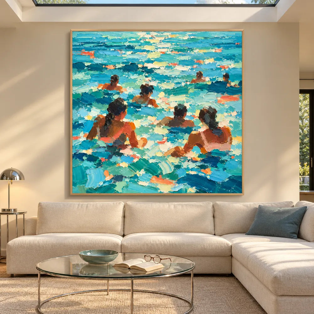 Turquoise Blue Hand-Painted Oil Painting, Seven Swimmers in Sunlit Water #2RV5N5Z4