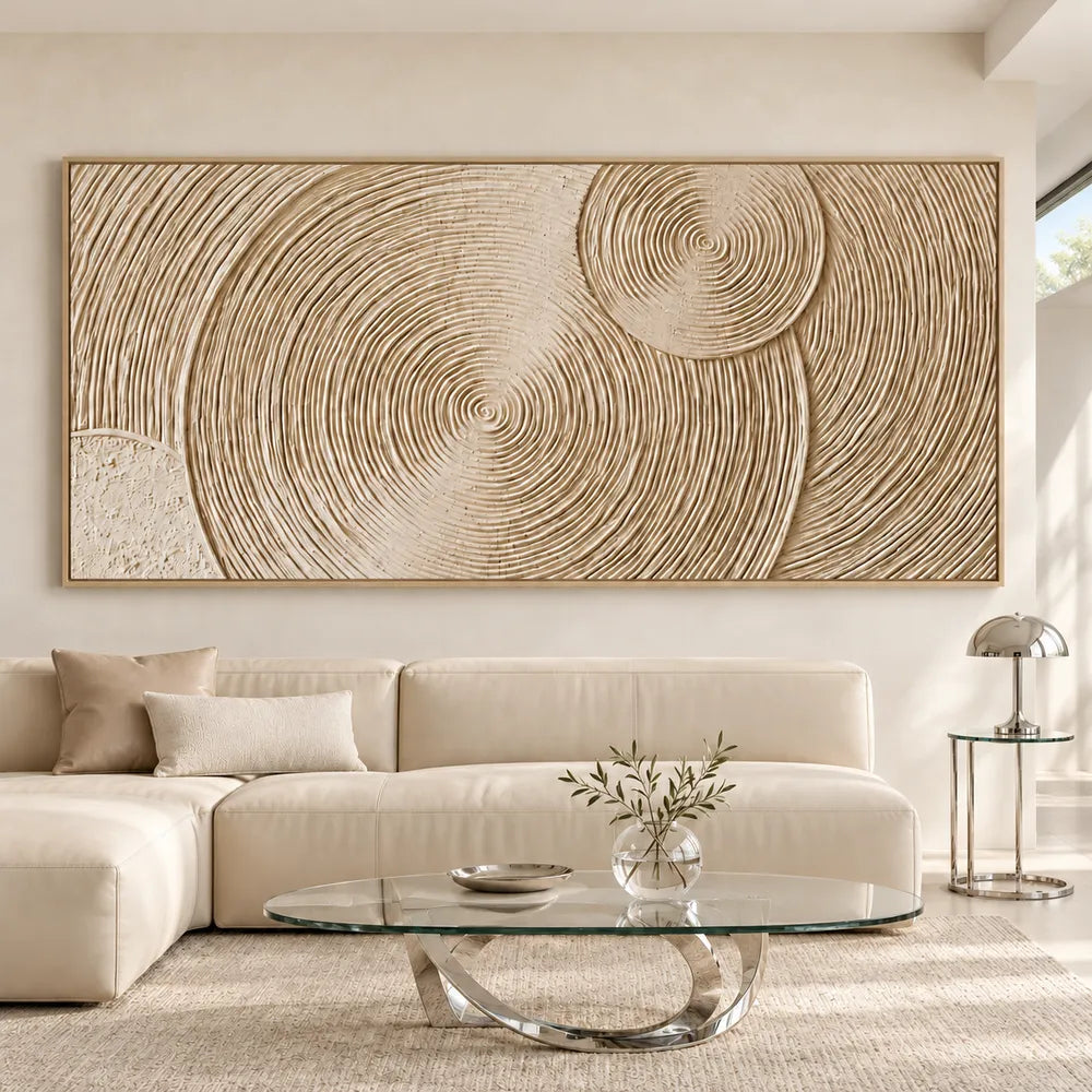 Beige Hand-Painted 3D Textured Oil Painting, Concentric Circles Wall Art #JMOPNPCU