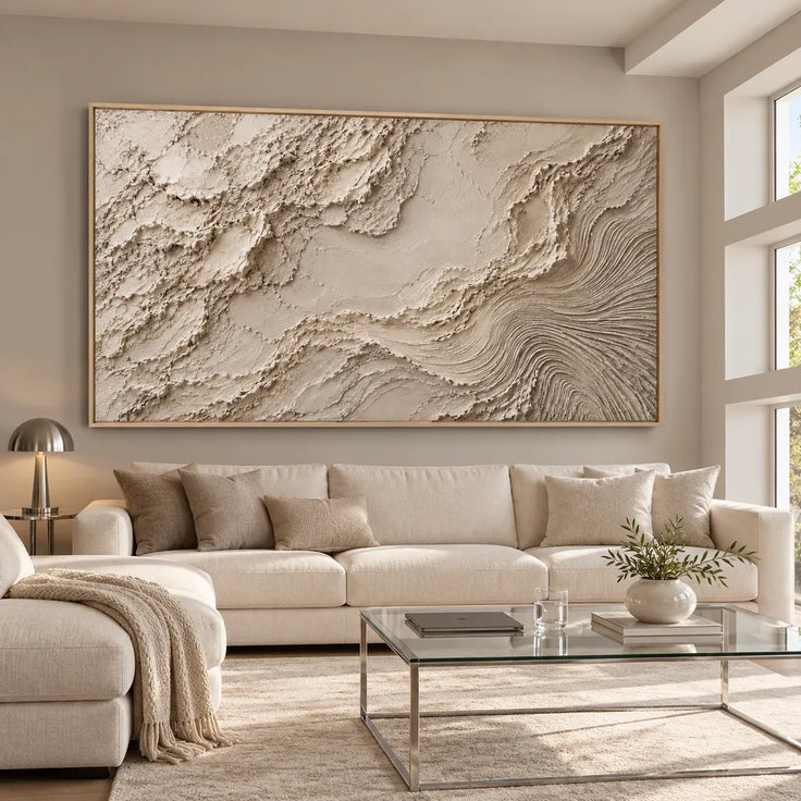 Beige Hand-Painted 3D Textured Oil Painting, Rough Layers and Combed Curves Abstract #IK9DA1WL
