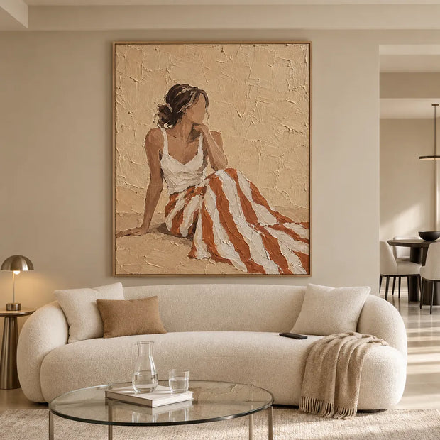 Beige Hand-Painted Oil Painting, Seated Woman with Rust and Ivory Striped Skirt #8OJBHZ91