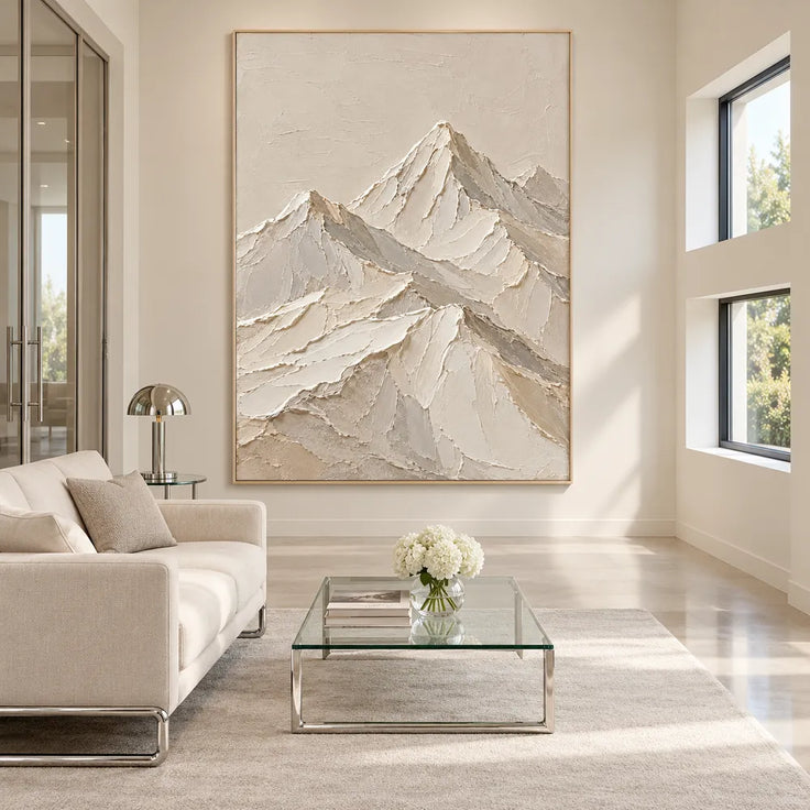 Ivory Hand-Painted 3D Textured Oil Painting, Minimal Mountain Peaks #SUBDFZDI