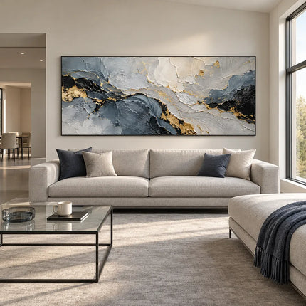 Gray Hand-Painted 3D Textured Oil Painting, Dark Layers and Gold Tones #X6RDSFYU